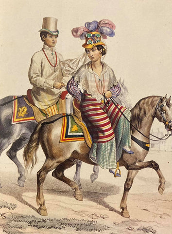 Métis de la haute classe en promenade, 1846, by Jean Mallat - upper class man in barong and woman in baro't saya both on horses