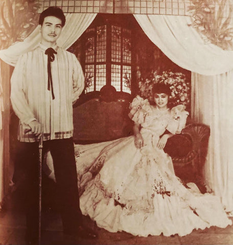 Designer Joe Sason (left) wears his own sinamay (abaca) black striped Barong Tagalog.