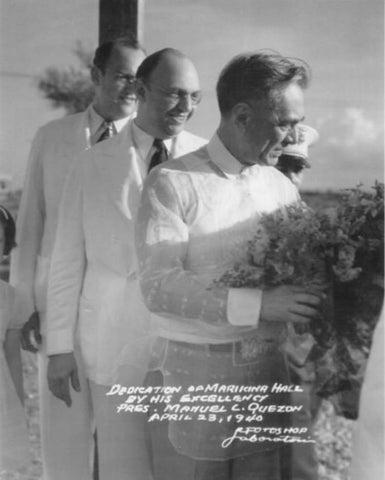 President Quezon and Alex & Herb Frieder attend the dedication of Marikina Hall on April 23, 1940. Quezon wears a Barong Tagalog