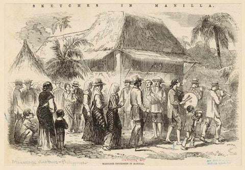 A black and white image of the original sketch "Marriage Procession in Manilla". The men wear solid and striped Barong Tagalog