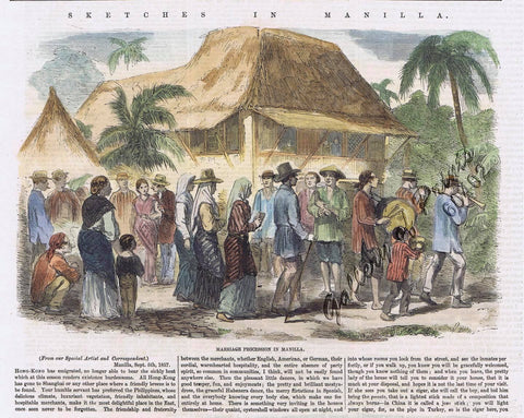 A colorized print of "Marriage Procession in Manilla" with an excerpt of the article from Gallery of Prints