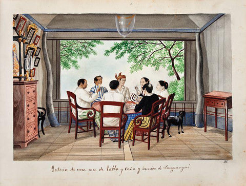 Ynterior de una casa de tabla y caña y un reunion de Panguingui” by Jose Honorato Lozano circa 1857. A group of seven in barongs