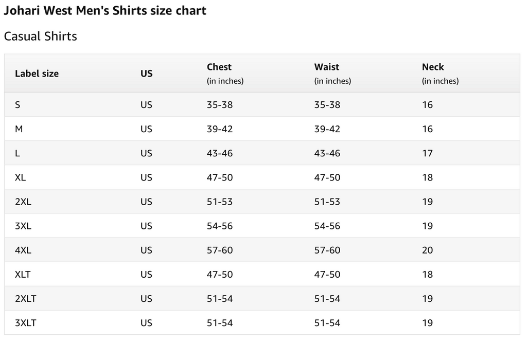 Sizing Chart – Johari West Shirts