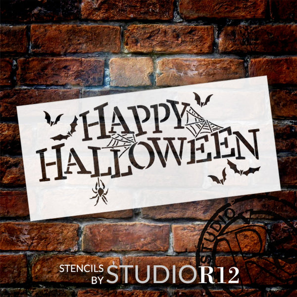 Happy Halloween Stencil with Bats & Spider by StudioR12 | Pumpkin Carving | DIY Party Decor | Paint Outdoor Wood Signs | Select Size | STCL6477