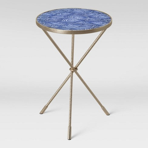 Paeonia Print Glass Top Accent Table with Pewter Finish Base Blue - Opalhouse