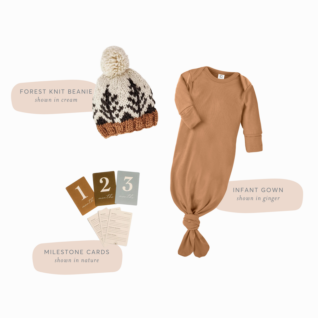 Fall Newborn Take Home Outfits - Infant Gown in Ginger, Forest Knit Hat in Cream, and Milestone Cards in Nature