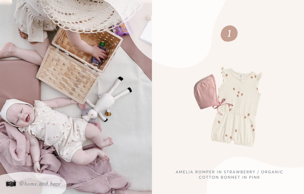 Image of baby wearing Amelia Romper in Strawberry and an Organic Cotton Bonnet