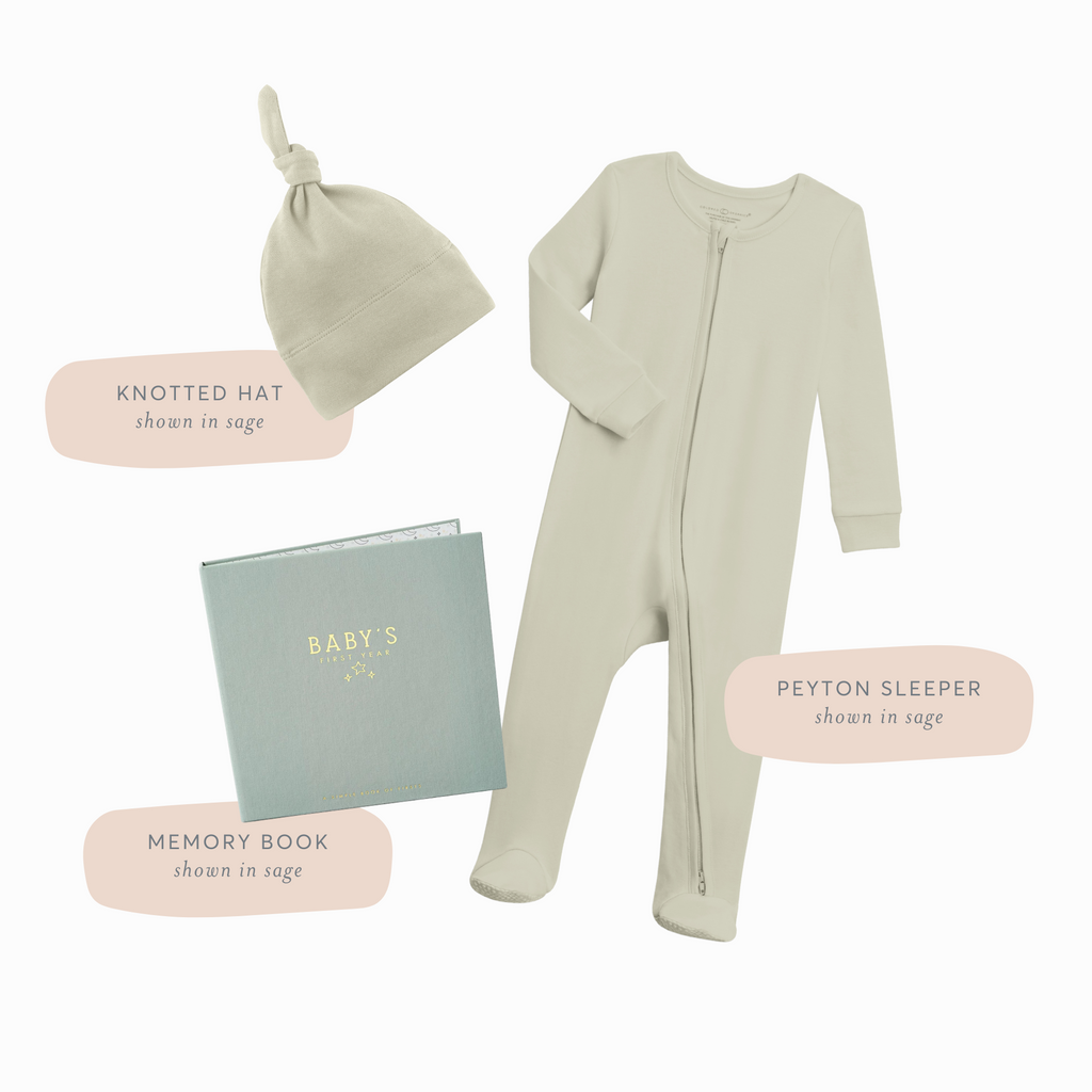 Fall Newborn Take Home Outfits - Peyton Sleeper in sage, Knotted hat in sage, and Memory Book in sage