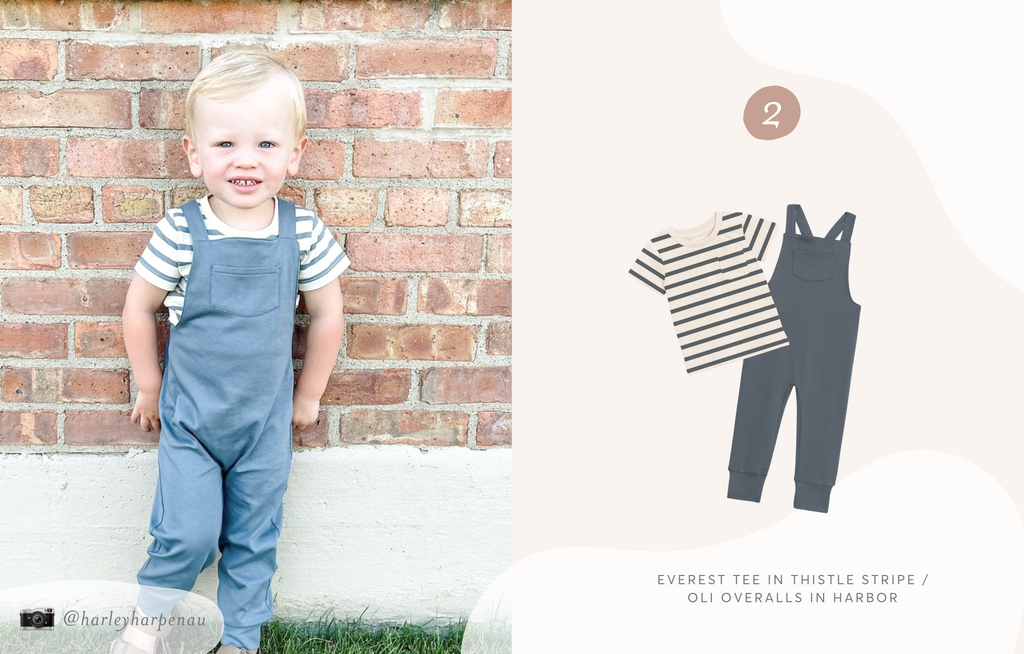 Photo of a child wearing the Everest Tee in Thistle Stripe and the Oli Overalls in Harbor