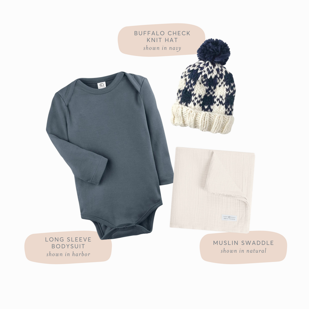 Fall Newborn Take Home Outfits - Long Sleeve Bodysuit in Harbor, Buffalo Check Knit Hat in Navy, Muslin Swaddle in Natural