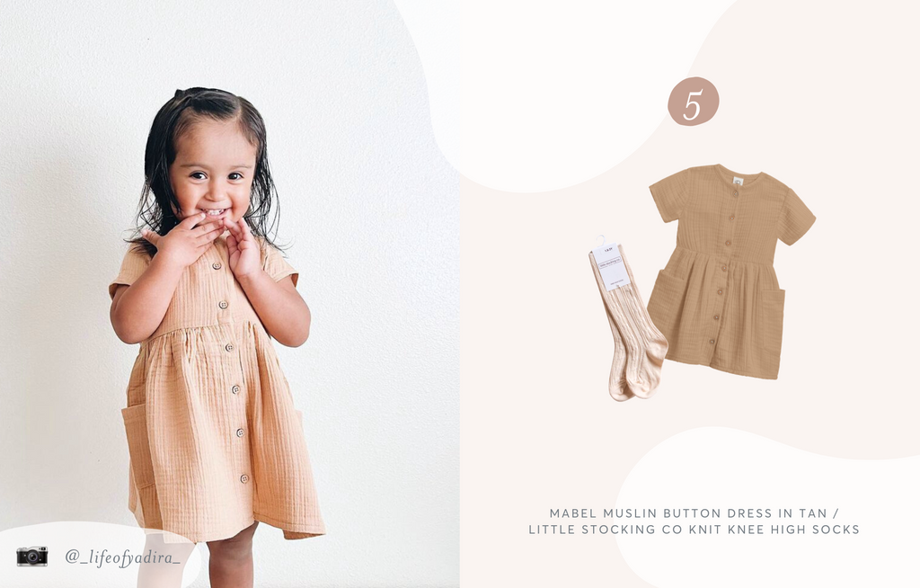 Child wearing the Mabel Muslin Button Dress in Tan