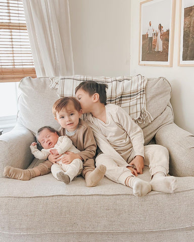 Image courtesy of Karen Koch. Her three boys wearing Colored Organics Waffle Collection Sets and and Emerson Sleeper