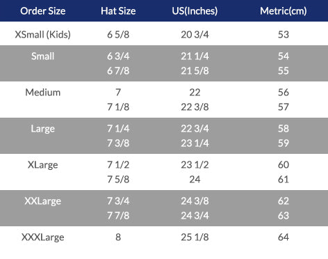 Flat Bill Hat Size Chart