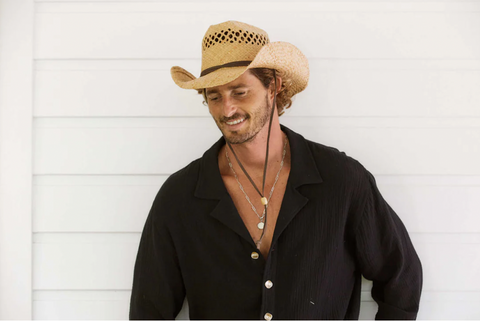 A man wearing a raffia western hat and a black button down looks towards the ground, smiling.