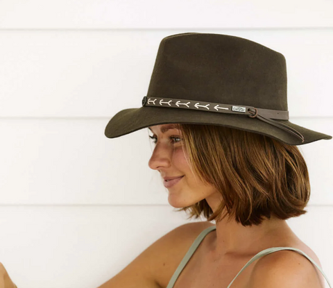 A side profile of a tan woman with short brown hair wearing a dark brown wool boho hat with an embroidered band
