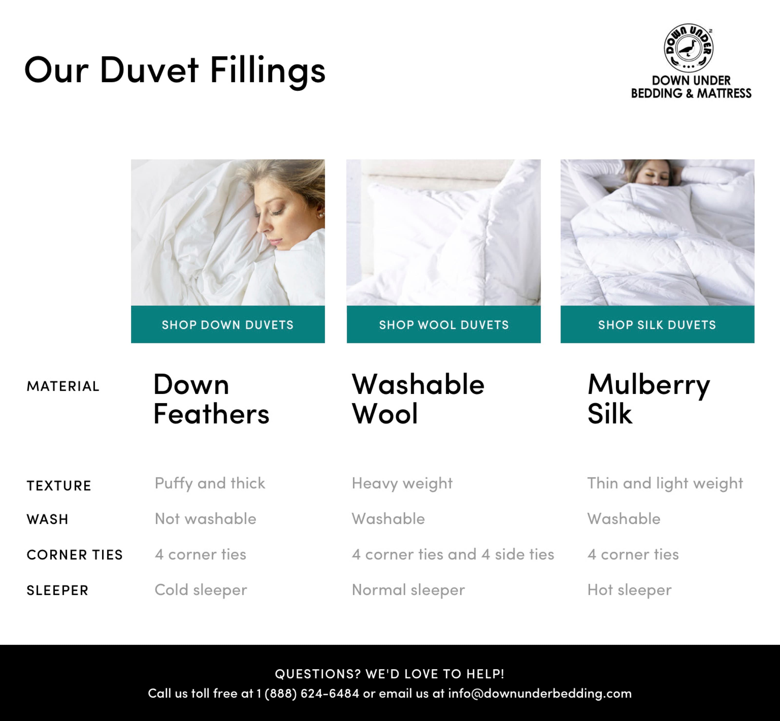 down under bedding - duvet fillings - down feather vs silk vs wool