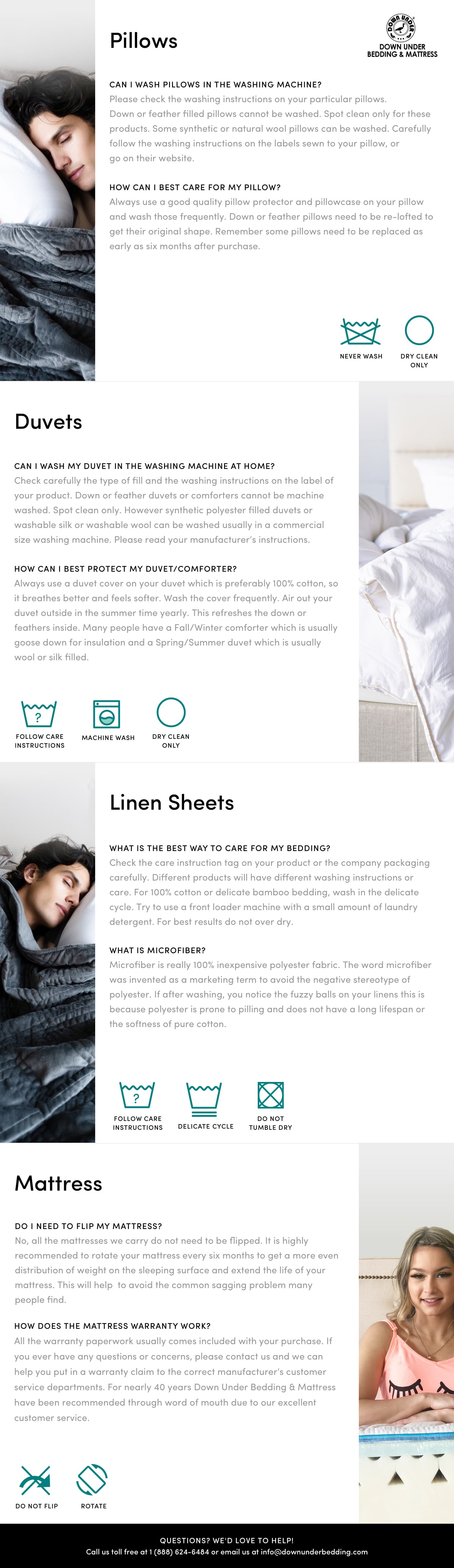 product care - pillows, mattresses and linens - down under bedding