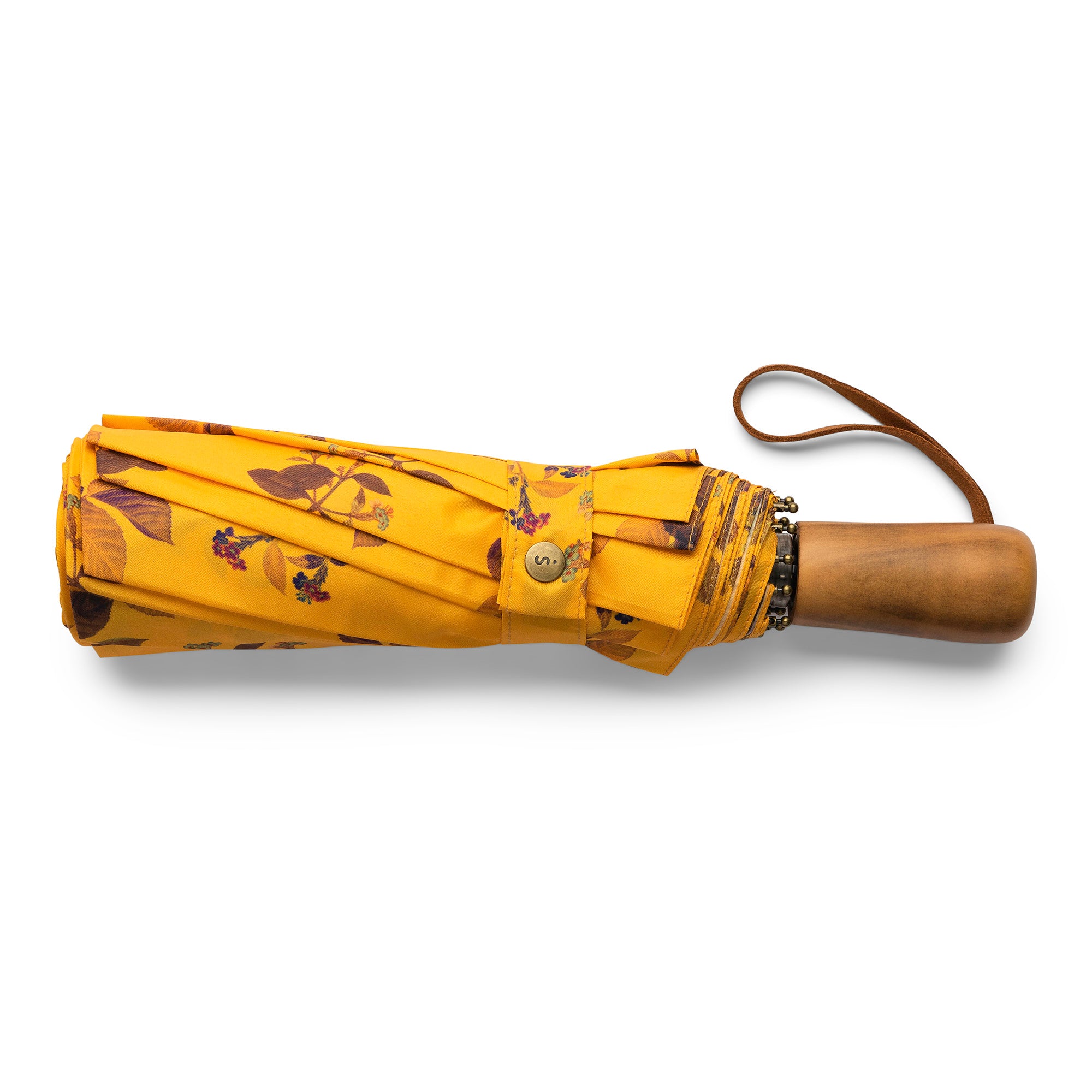 1940s Vintage Style Manual Compact Umbrella; yellow with flowers