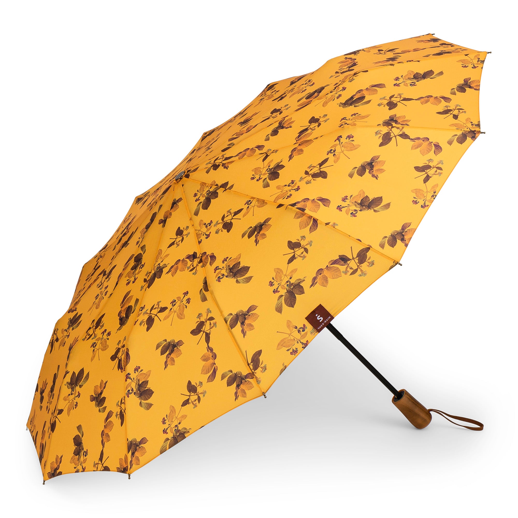 1940s Vintage Style Manual Compact Umbrella; yellow with flowers