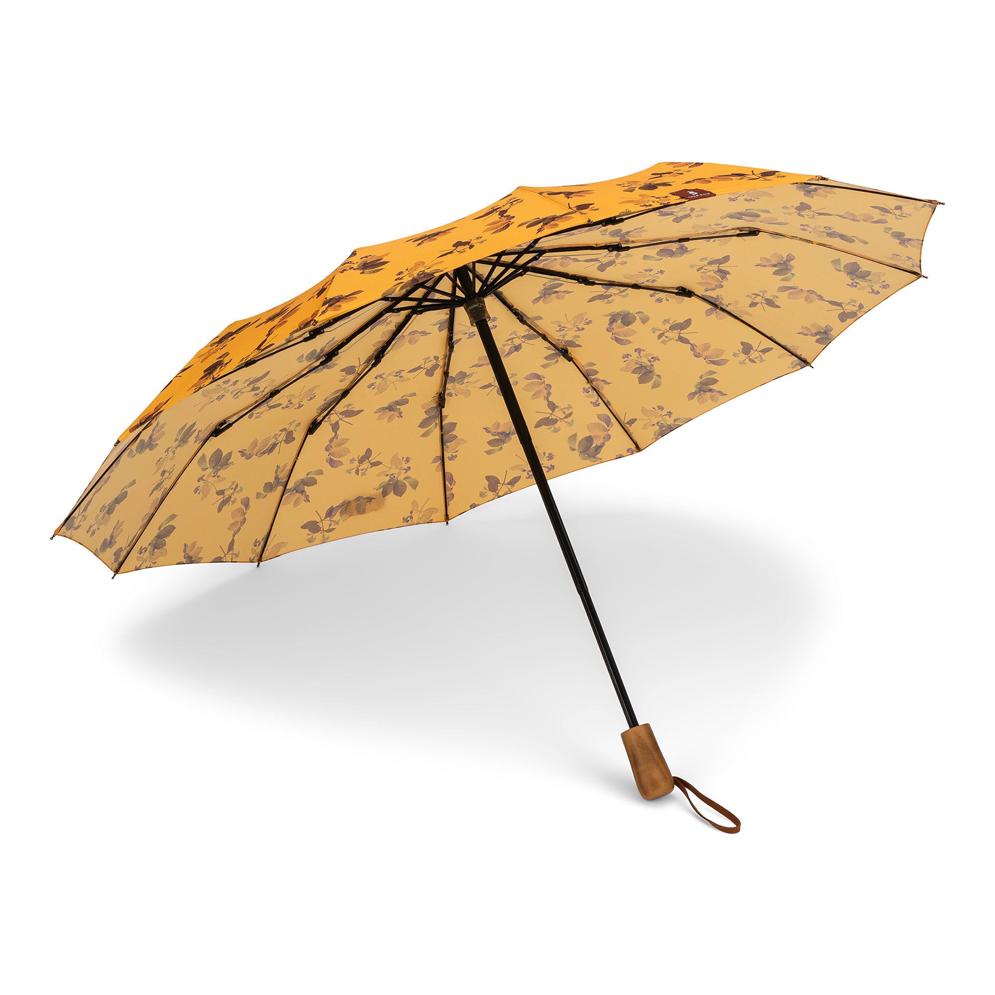 1940s Vintage Style Manual Compact Umbrella; yellow with flowers