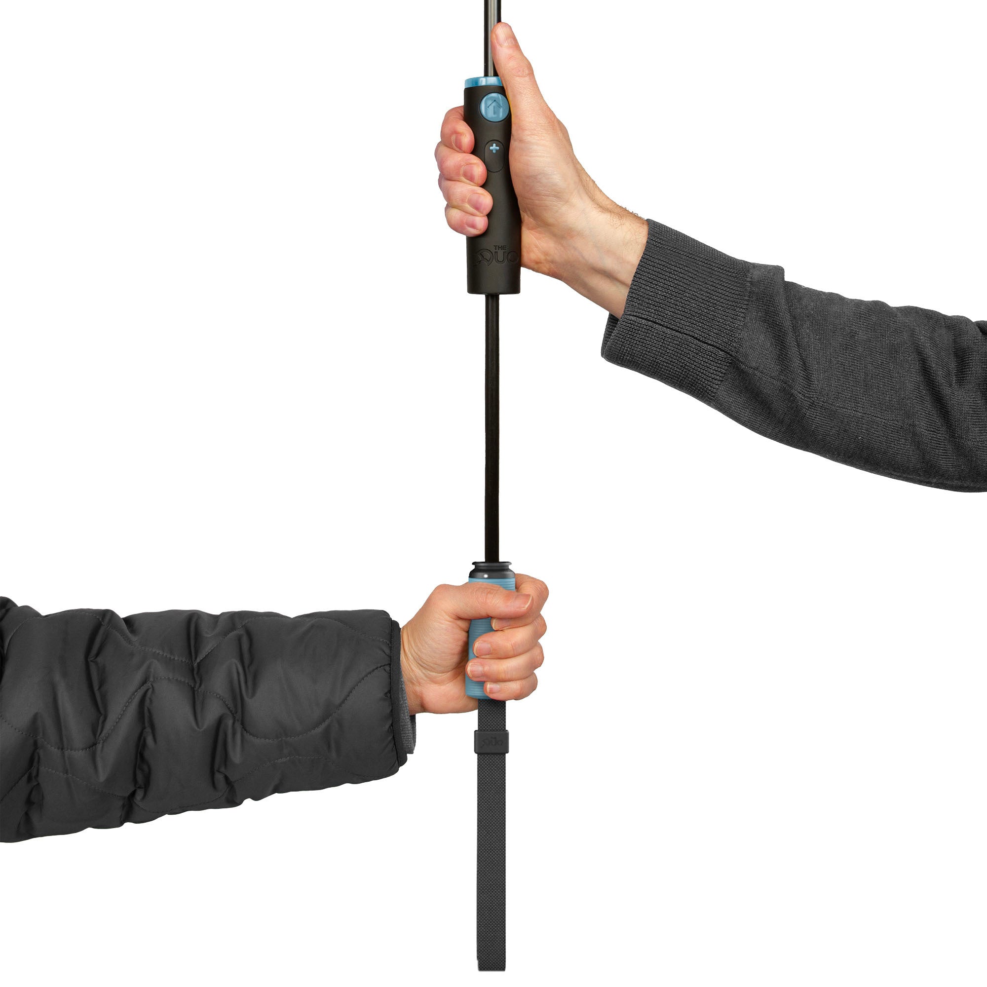 Image of The Duo open in Retro Blue with two hands holding the two handles, as seen on Shark Tank. 