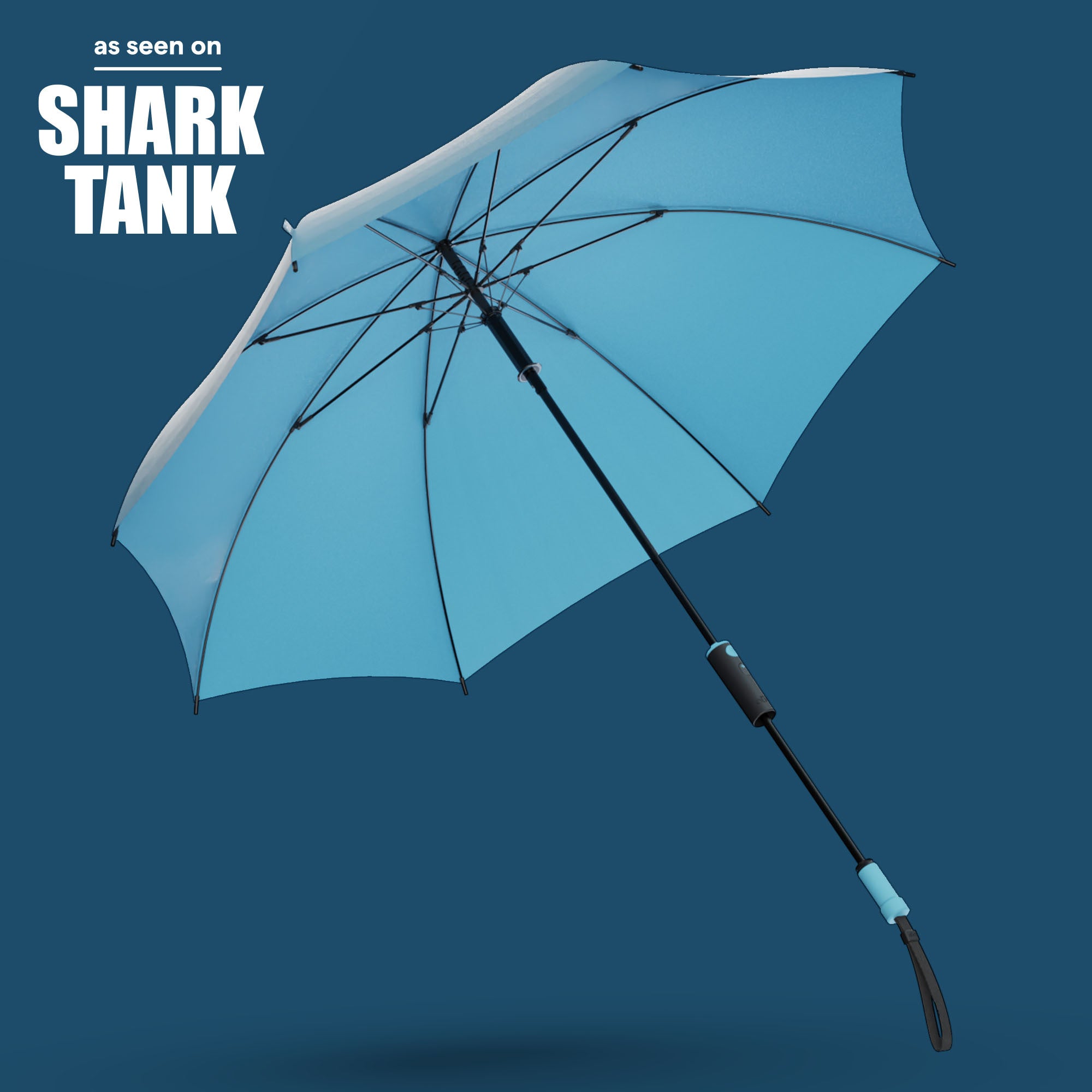 Image of The Duo open with handle extended in Retro Blue, the first-ever dual-handle umbrella as seen on Shark Tank. 