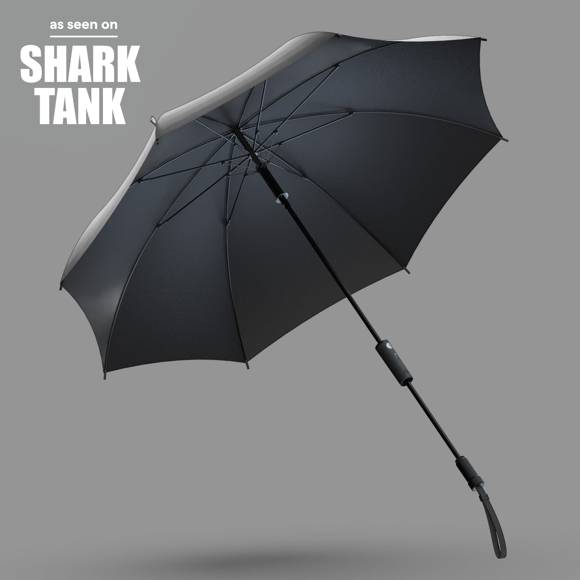 Image of The Duo open with handle extended in Black, the first-ever dual-handle umbrella as seen on Shark Tank. 