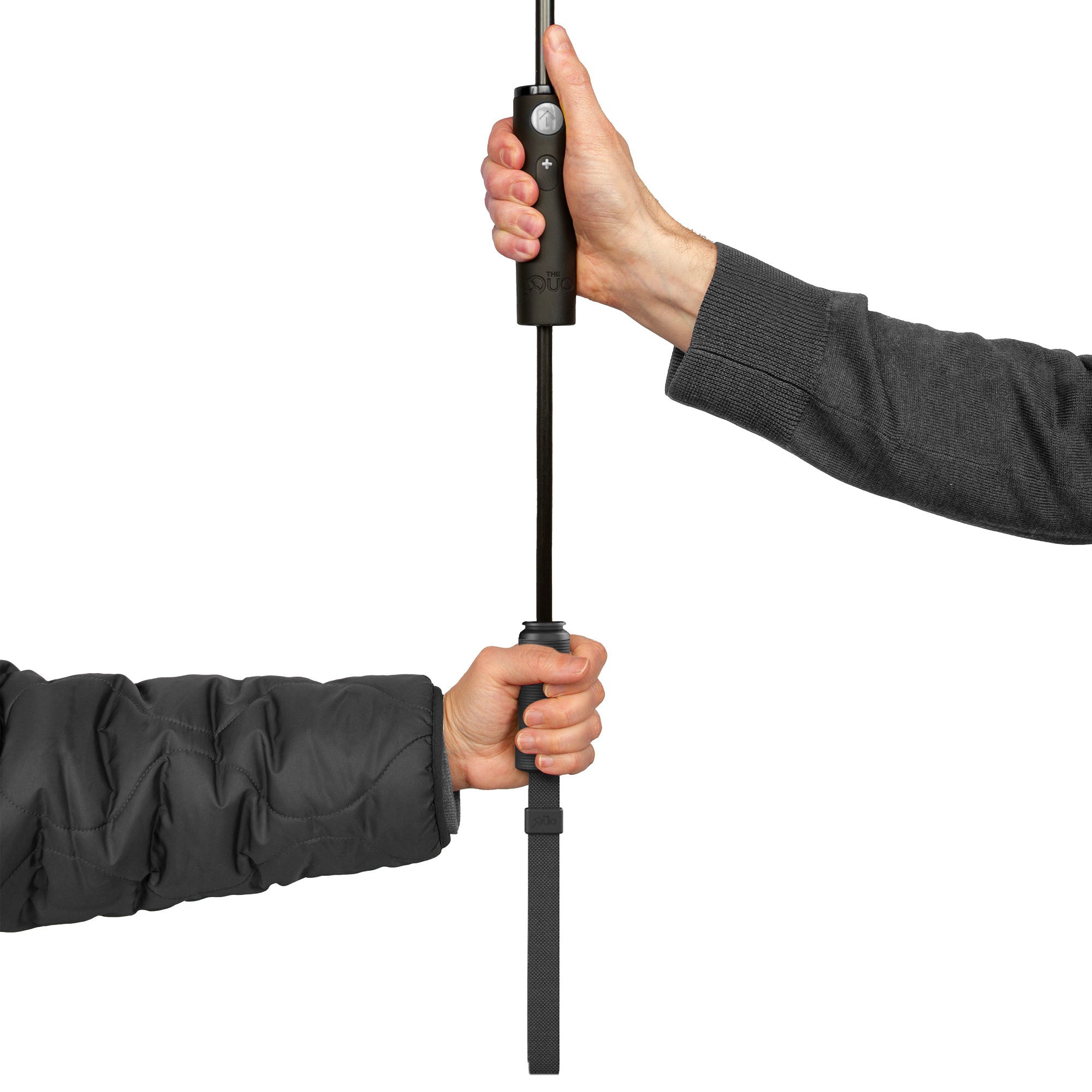 Image of The Duo open in Black with two hands holding the two handles, as seen on Shark Tank. 