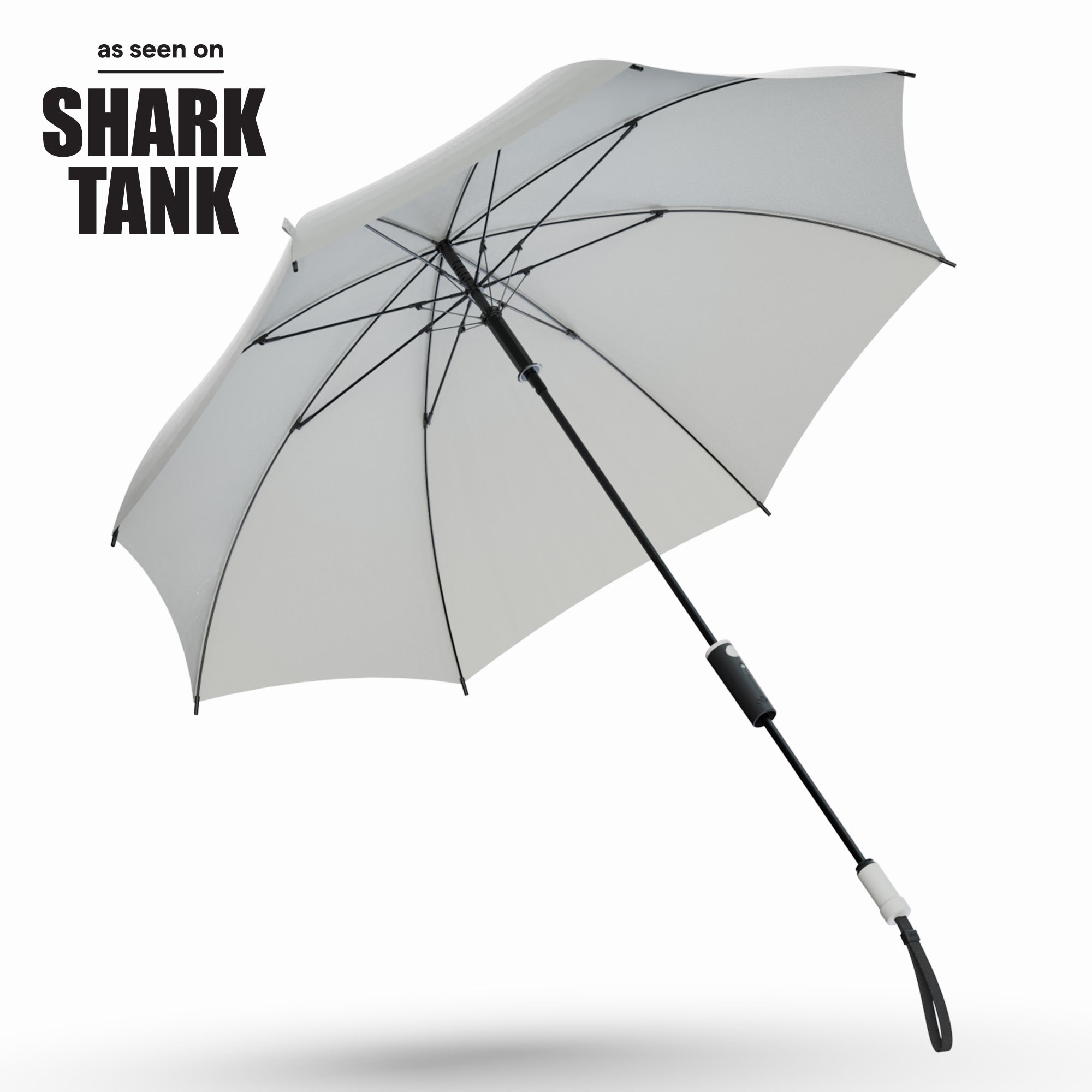 Image of The Duo open with handle extended in Stone, the first-ever dual-handle umbrella as seen on Shark Tank. 