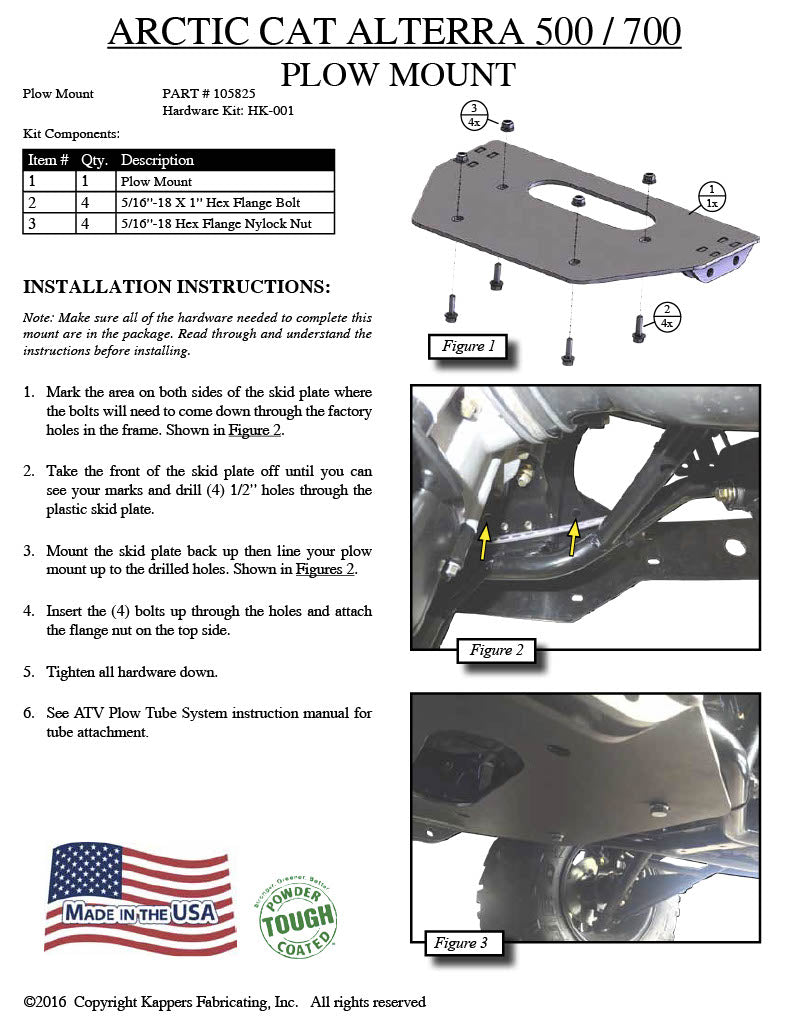 Arctic Cat 500 XR & 550 XR (Alterra) 4x4 - 2015 ATV KFI Plow Mount