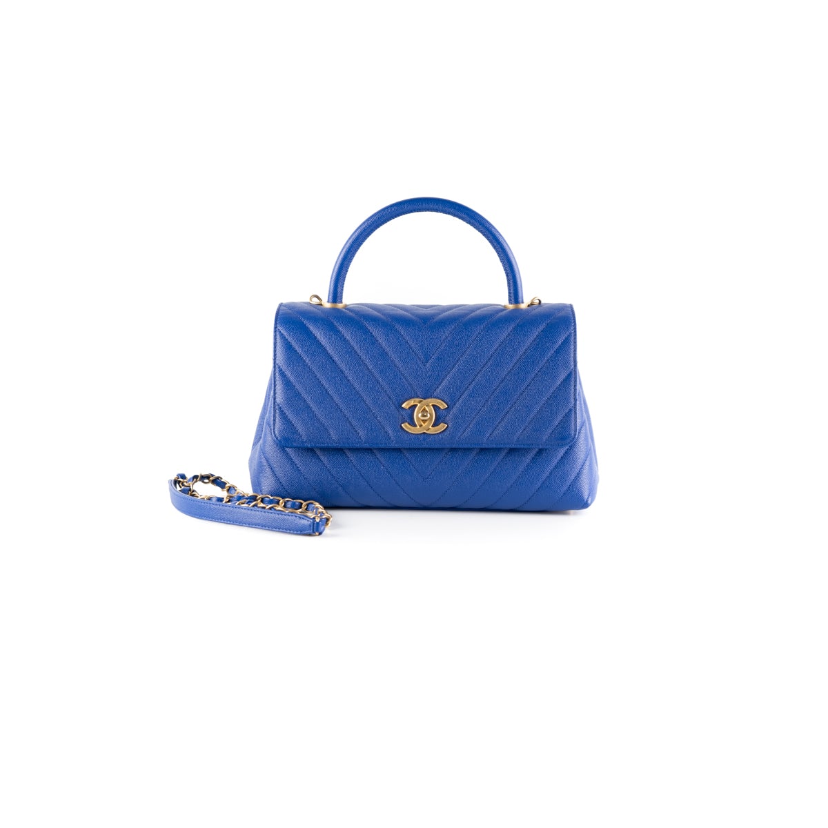 Chanel Caviar Coco Handle Chevron Blue Bag - THE PURSE AFFAIR