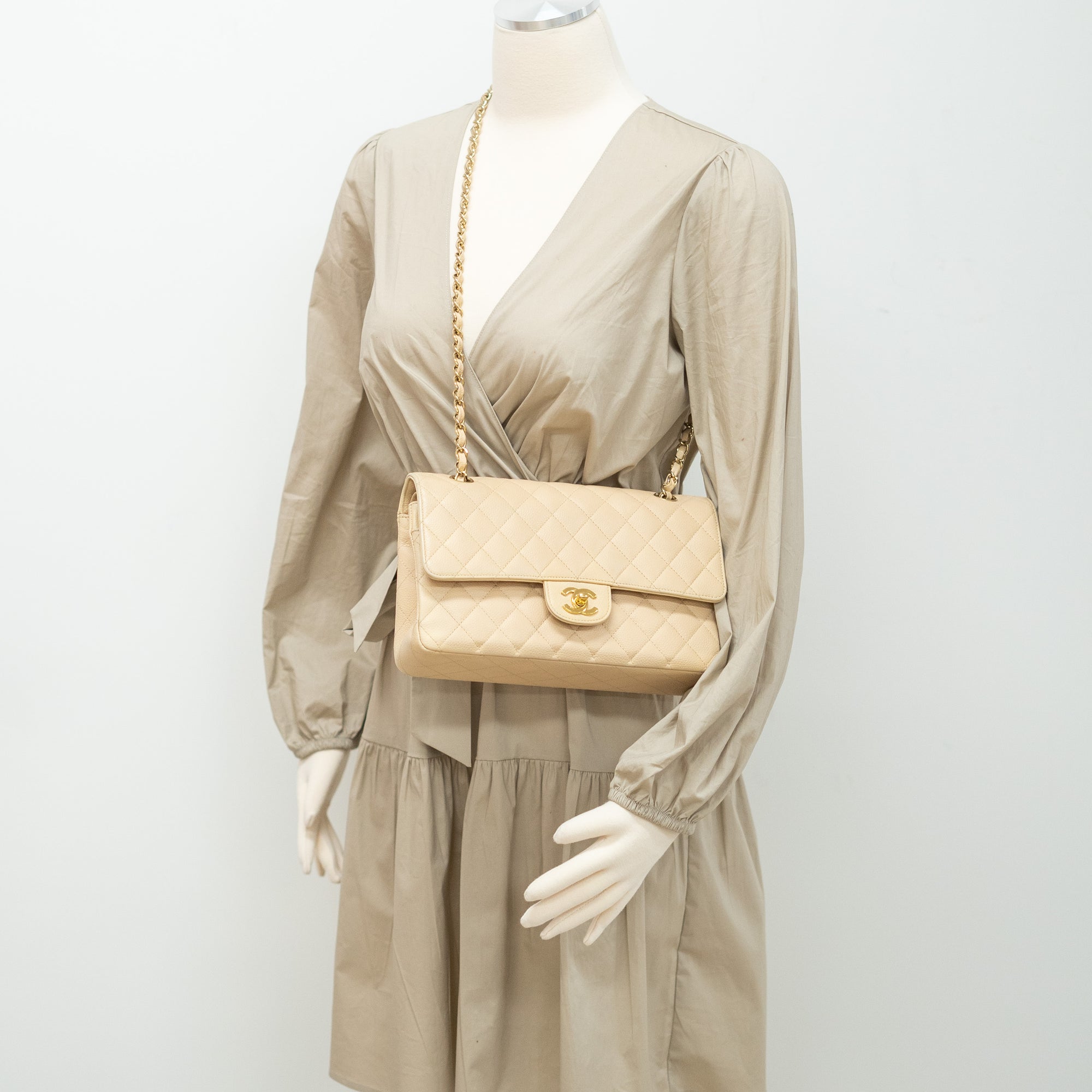 Chanel Classic Medium Large Double Flap Bag Beige - THE PURSE AFFAIR