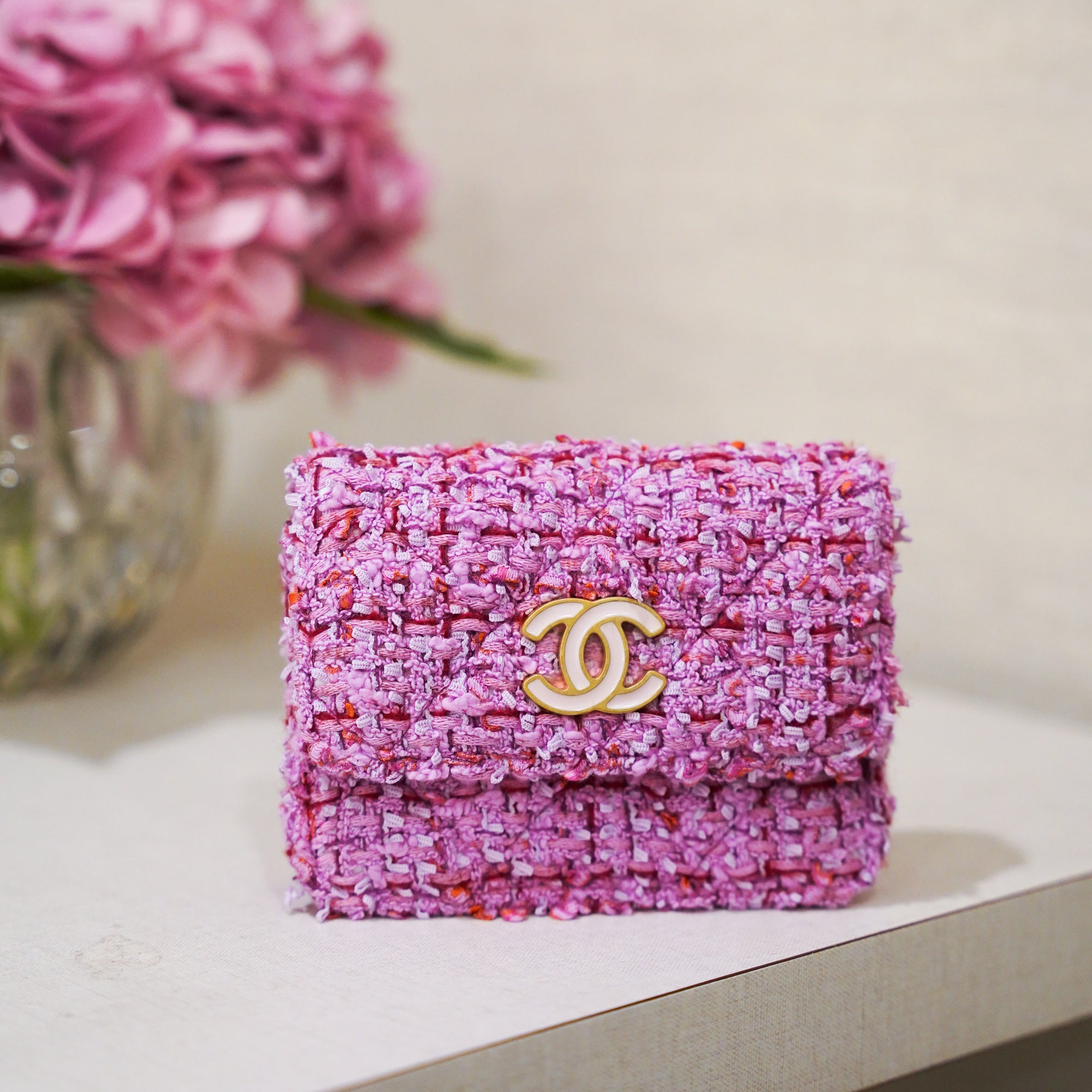 Chanel Pink Tweed Flap Bag With Pearl Detail GHW  LuxuryPromise