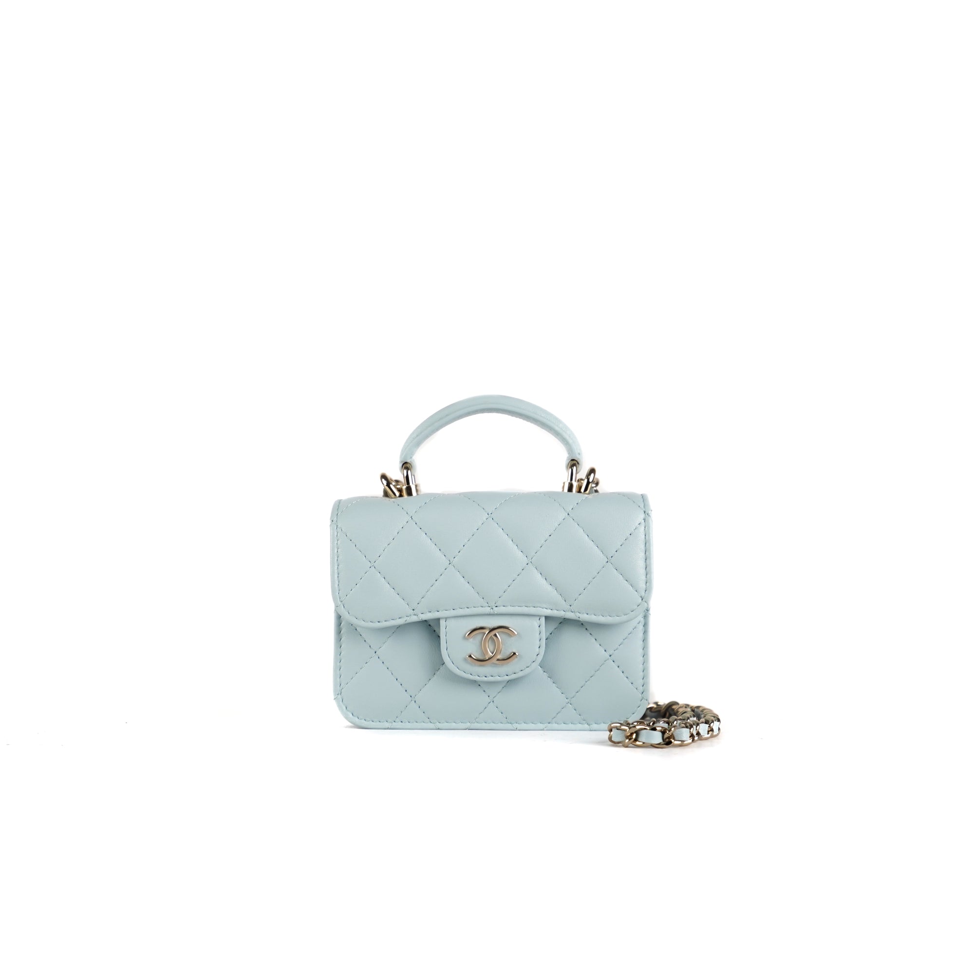 Chanel Flap Coin Purse with Chain in Lambskin Light Blue - THE PURSE AFFAIR