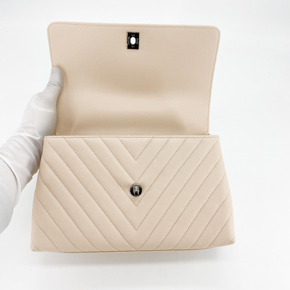 Chanel Medium Chevron Coco Handle Light Beige - THE PURSE AFFAIR