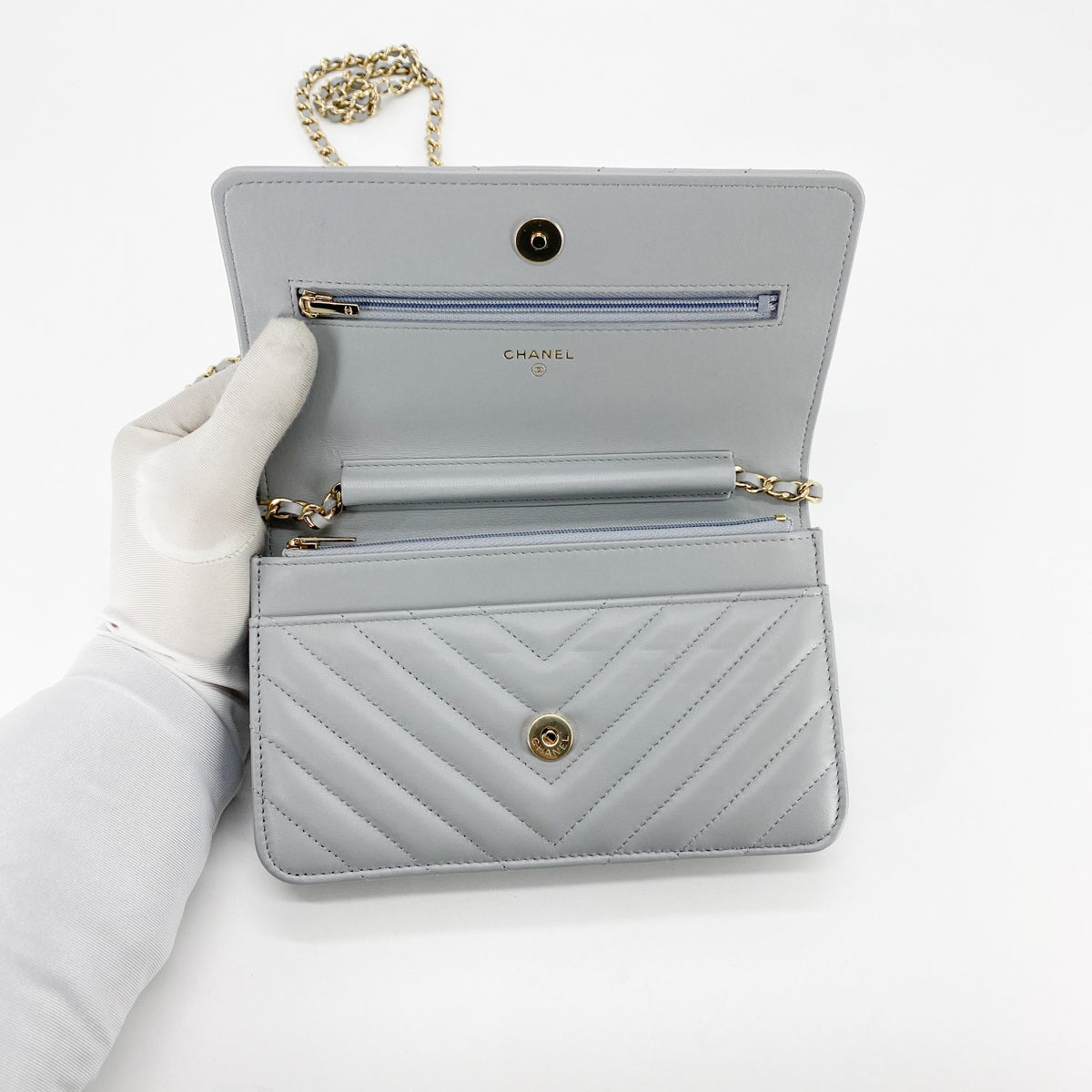 Chanel Chevron Lambskin WOC Wallet on Chain Grey - THE PURSE AFFAIR