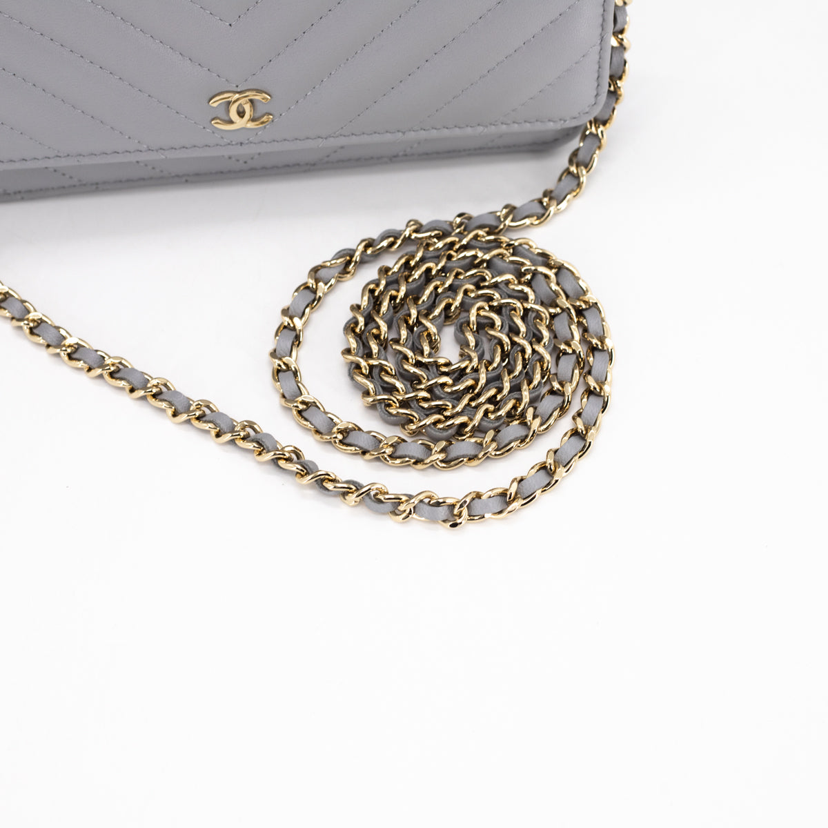 Chanel Chevron Lambskin WOC Wallet on Chain Grey - THE PURSE AFFAIR