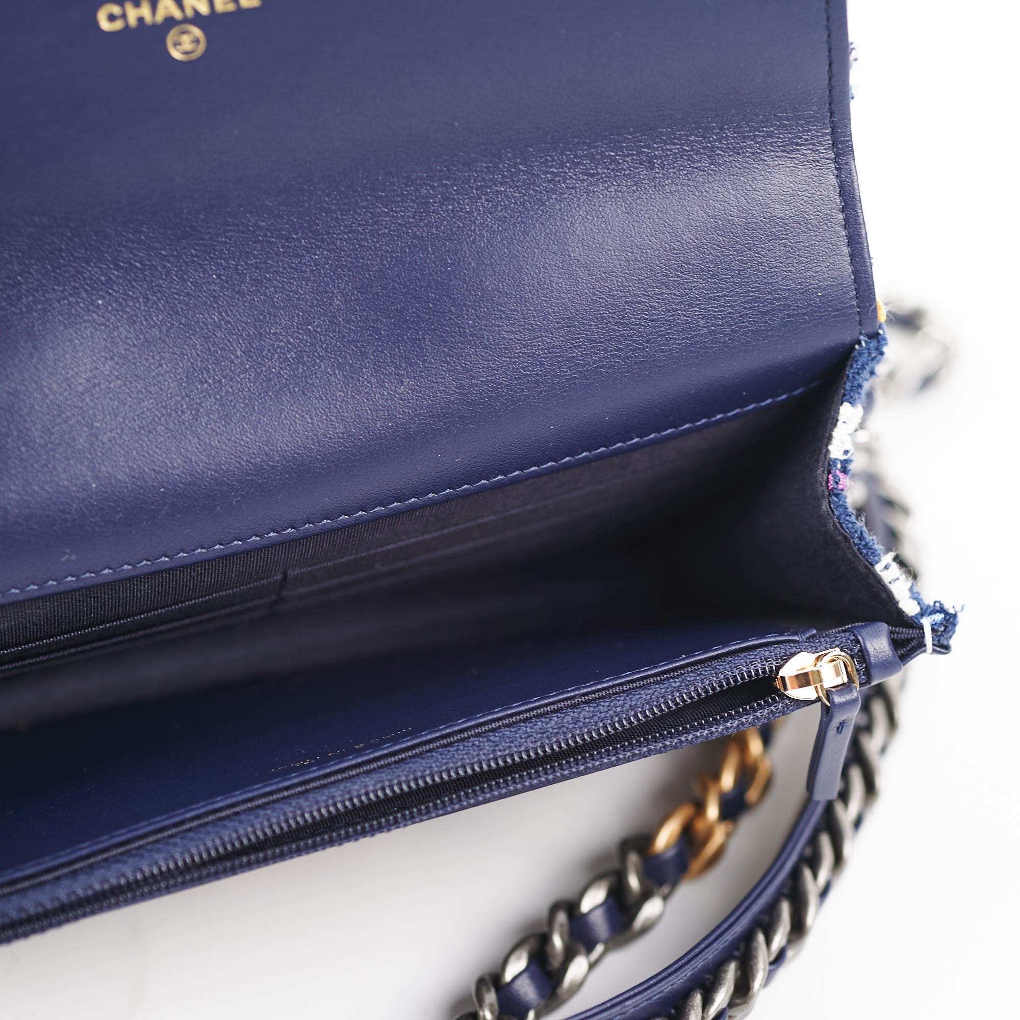 Chanel 19 wallet on chain  Cotton tweed goldtone silvertone   rutheniumfinish metal blue white  navy blue  Fashion  CHANEL