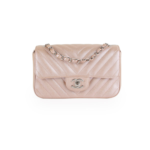 Chanel Mini Rectangular Flap In Chevron Quilted Champagne Rose Gold  Pearlescent Caviar SOLD