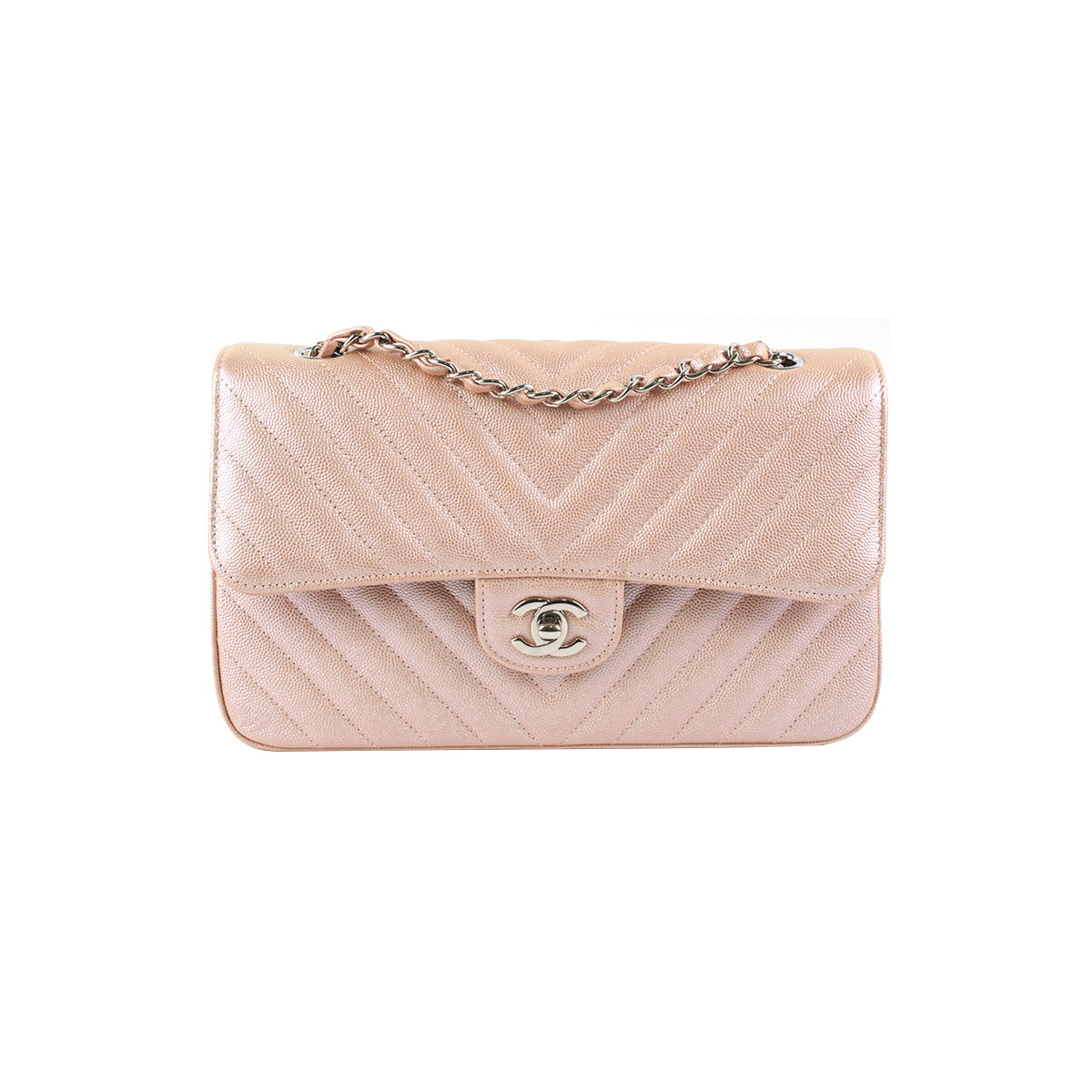 Chanel Mini Rectangular 17B Iridescent Rose Gold Chevron Caviar