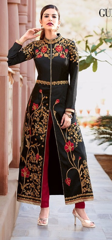 Black Maroon Combo Abaya Style Embroidered Anarkali With Dupatta