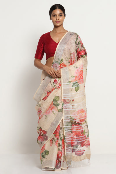 White Floral Print Linen Saree - Kihums handloom - 3098880