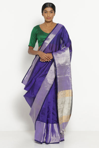 Wine viscose Satin Saree With Silver Zari Stripes and Pichwai Pallu