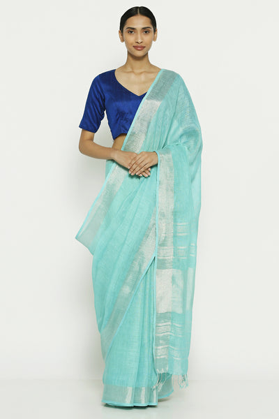 Blue Colour Block Linen Jamdani Weave Saree- Office & Formal Wear – Dharang