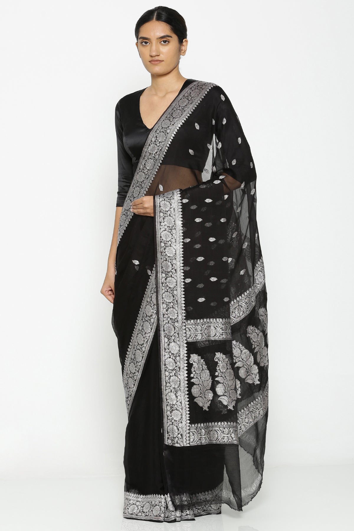 Grey Pure Khaddi Chiffon Banarasi Saree | Reeling Threads