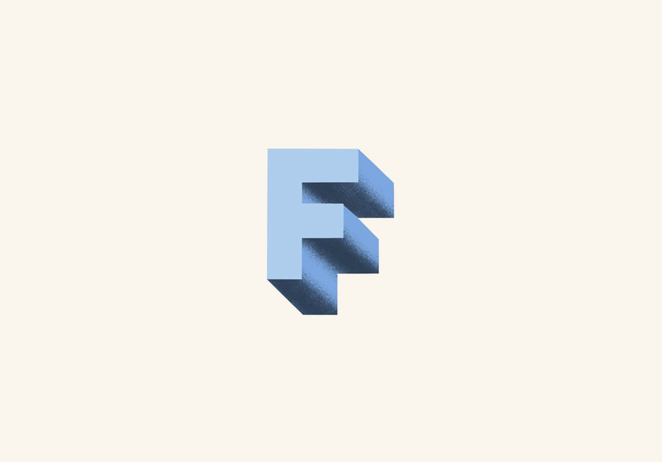 The letter “F” with a heavy drop shadow effect.