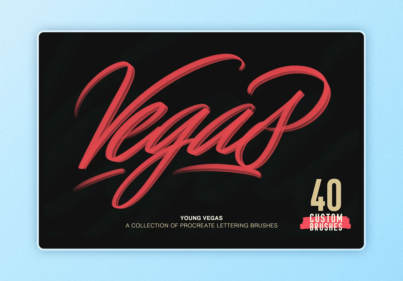 A title card for the Young Vegas Brush Pack by Adrian Meadows featuring the word “Vegas” written in cursive styling.