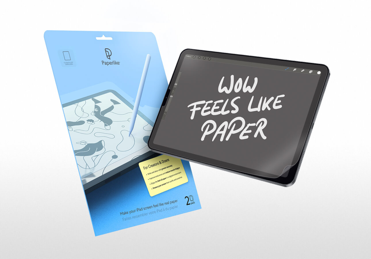 An image of an iPad next to a Paperlike accessory kit.