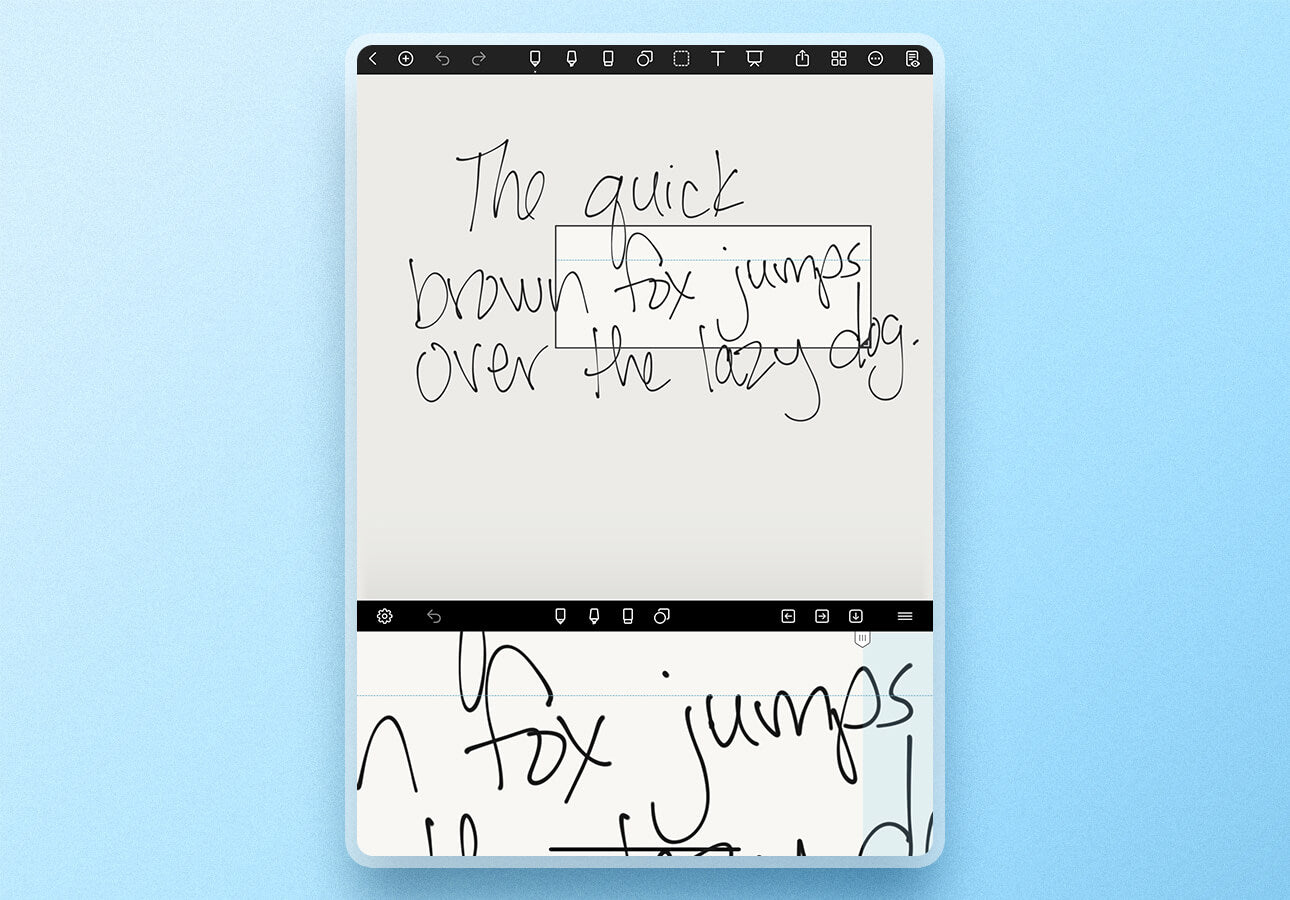 A screenshot of the sentence, “The quick brown fox jumps over the lazy dog.” A box appears over the words “fox jump,” and those words are magnified at the bottom half of the screen.