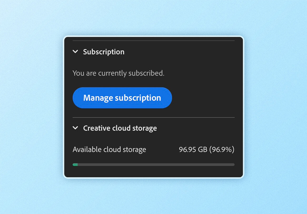 An interface window showing the Adobe Creative Cloud subscription and available storage.